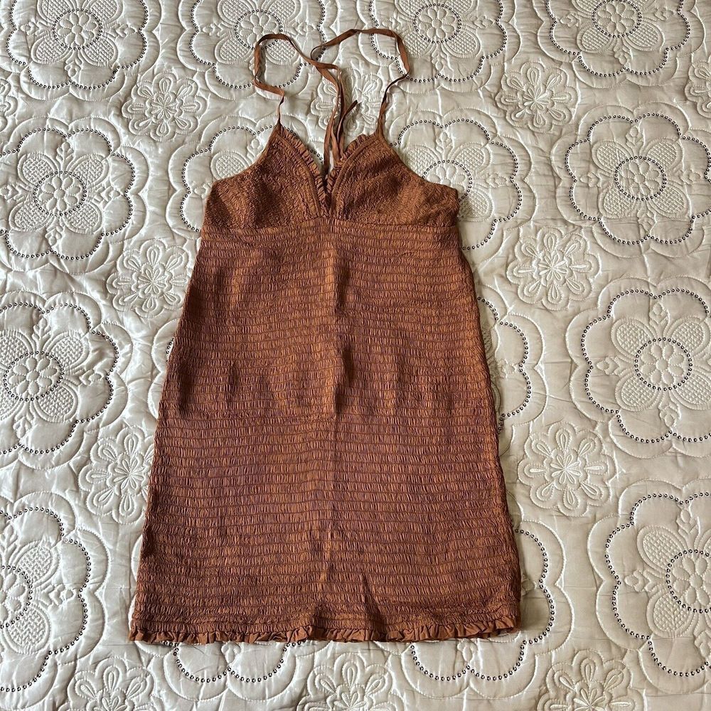 Anthropologie The Ellen Mini Dress Ruched Smocked Bodycon Sleeveless Brown L NEW - Picture 6 of 8